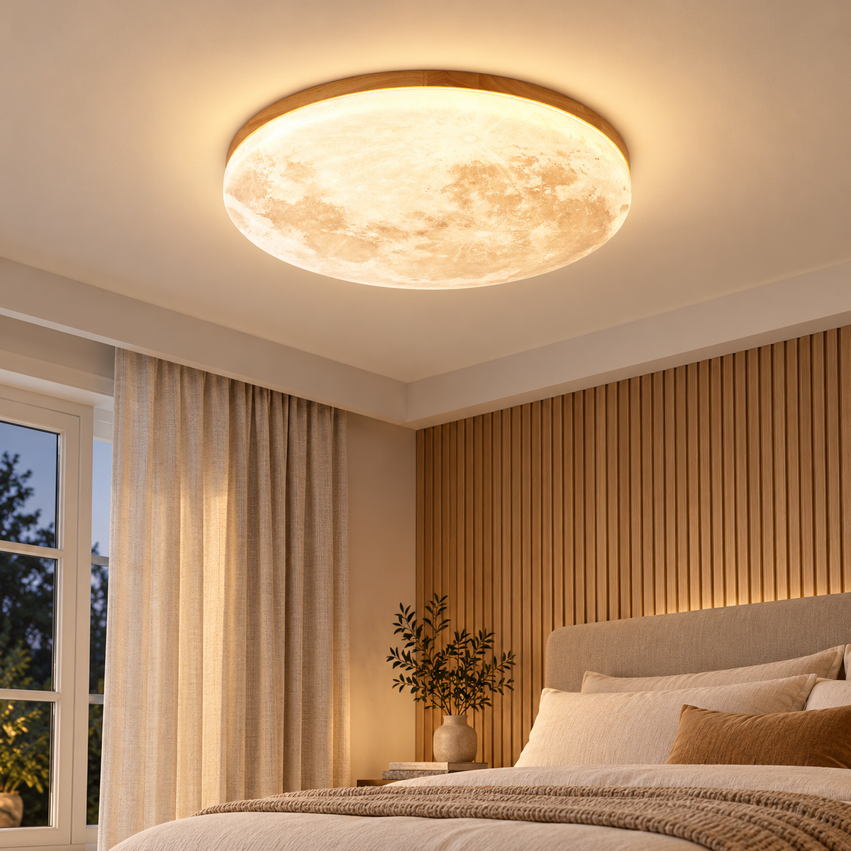 Modern moon ceiling light with wood finish, round LED ceiling lamp glowing warm in a bedroom