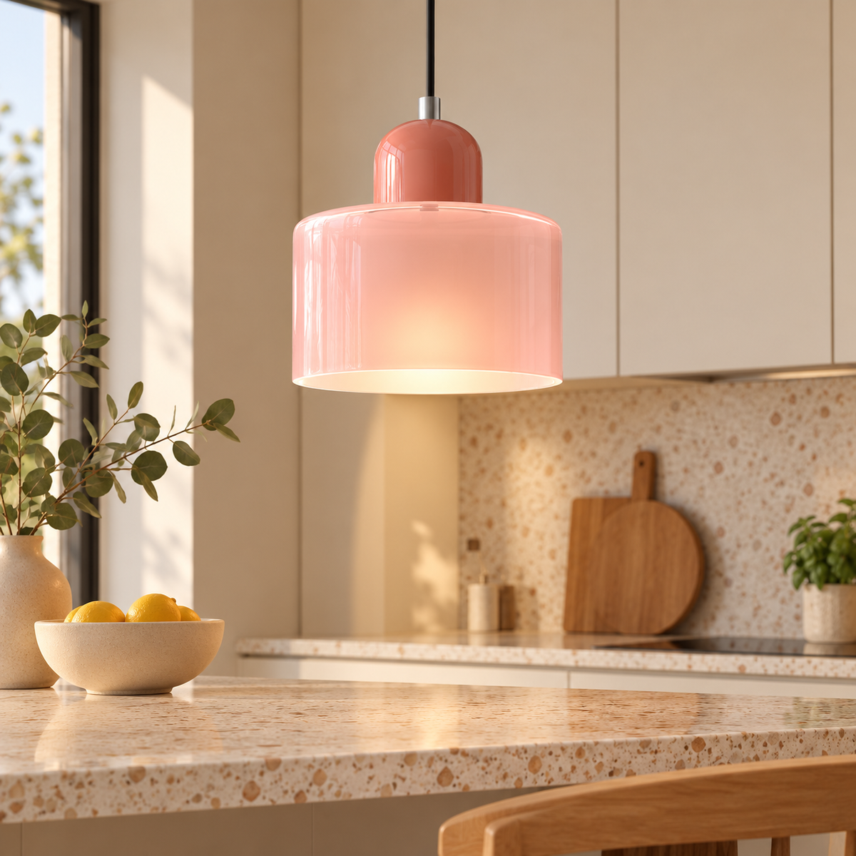 Pink coloured glass Bauhaus pendant light hanging over a kitchen island
