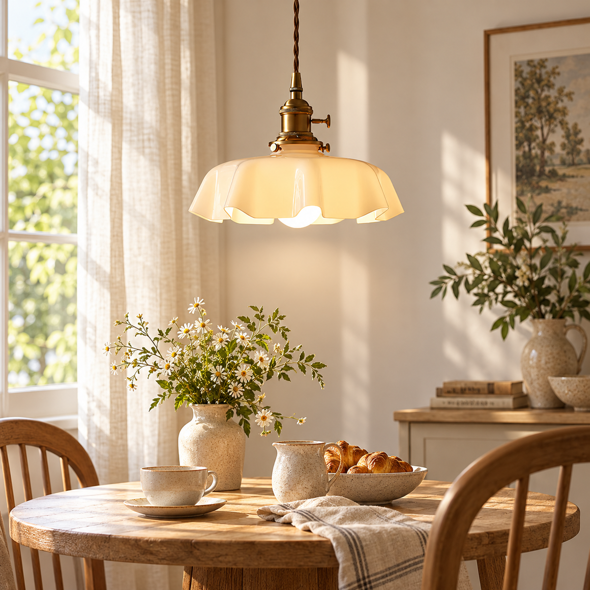 French style pendant light with scalloped cream glass shade and brass fitting