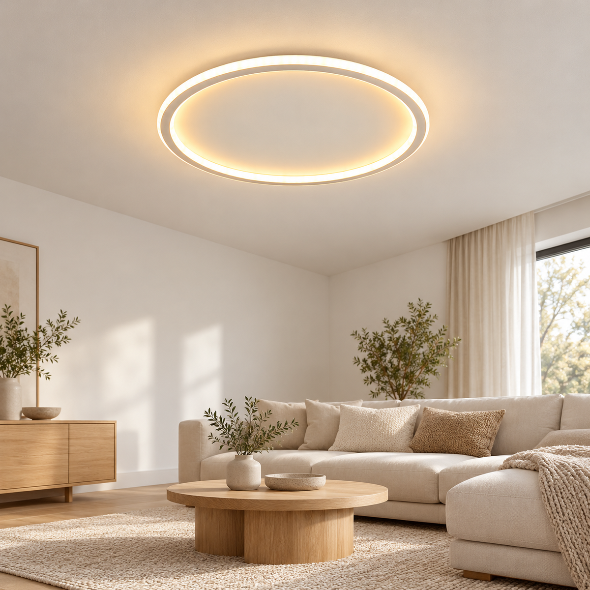 Scandinavian round LED ceiling light, dimmable tri-colour ceiling lamp