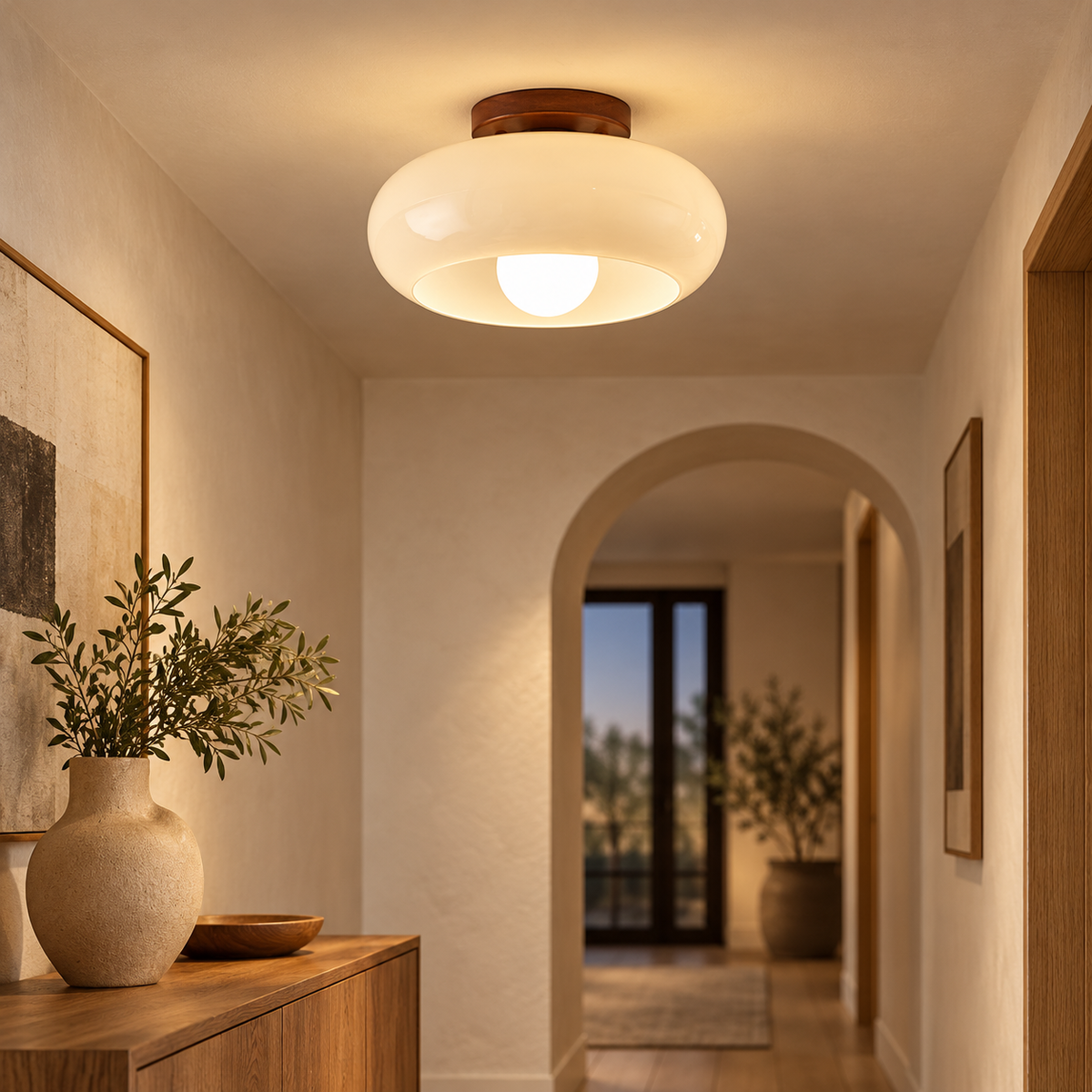 Modern Bauhaus ceiling light with cream glass shade, flush mount lamp in a hallway