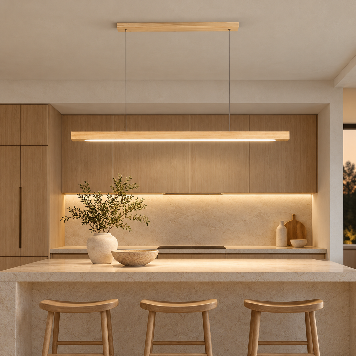 Linear wooden LED pendant light with slim bar shade above a dining table