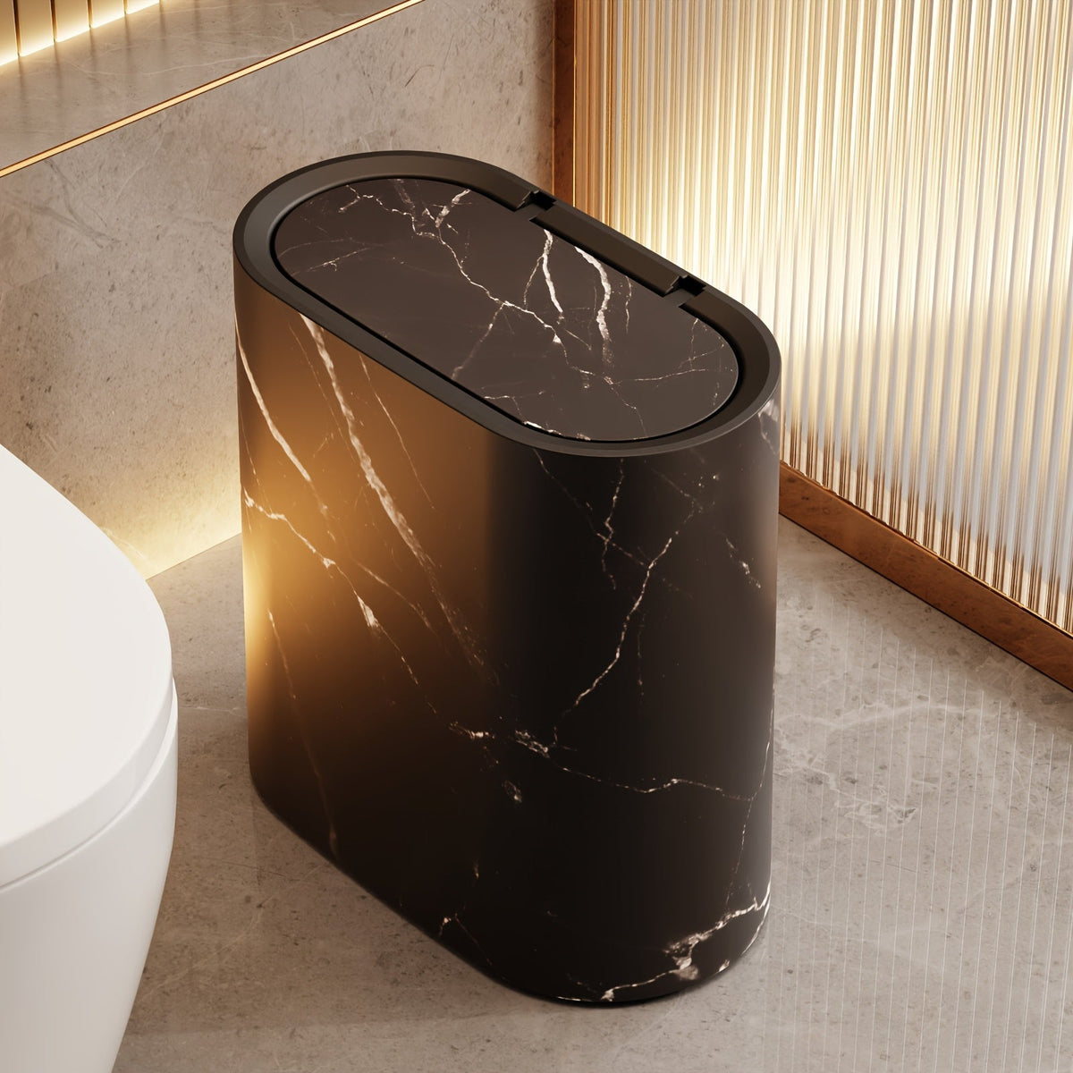 Lidded Waste Bin, Bathroom and Kitchen Bin with Fitted Lid, Decorative Marble or Wood Effect Rubbish Bin for Bathroom, Kitchen & Dressing Room