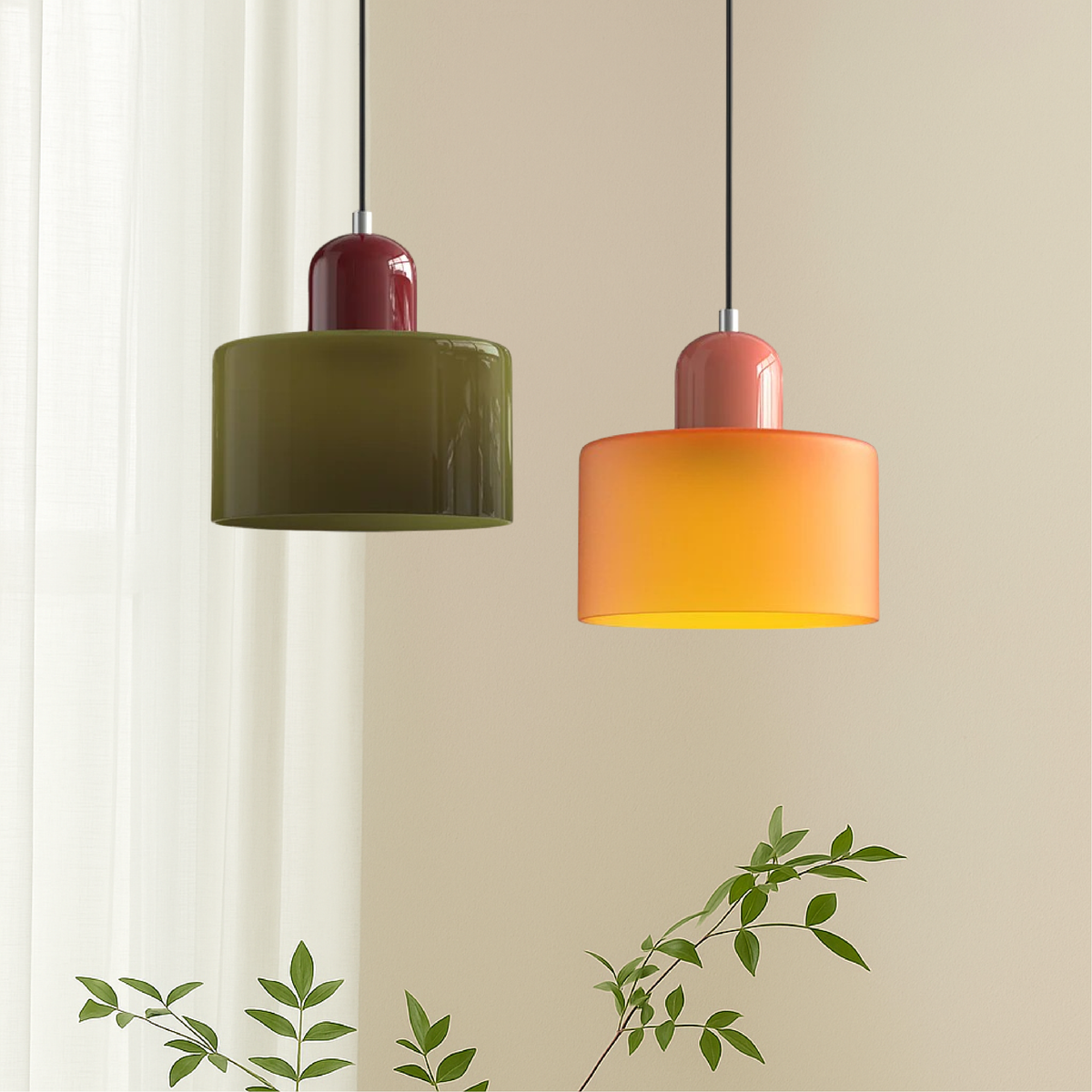 Coloured Glass Bauhaus Pendant Light, Small Retro Hanging Lamp for Kitchen Island, Dining Table & Living Room, Adjustable Cord, E27, Ø15cm