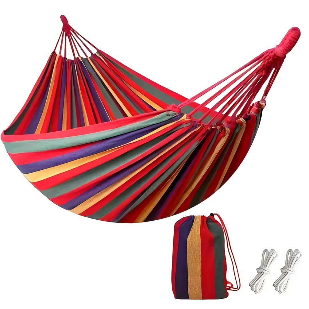 Outdoor Fabric Hammock with Striped Pattern and Rope Loops, 200 x 150cm Garden Hammock, 200kg Capacity, for Patio, Balcony & Camping, Blue or Red