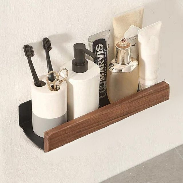 Wall Bathroom Shelf No Drill Storage Rack, Solid Wood Adhesive Floating Shelf, Water-Resistant, for Bathroom & Kitchen, Brown or Light Brown, 20–40cm