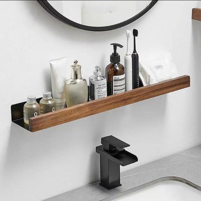 Wall Bathroom Shelf No Drill Storage Rack, Solid Wood Adhesive Floating Shelf, Water-Resistant, for Bathroom & Kitchen, Brown or Light Brown, 20–40cm