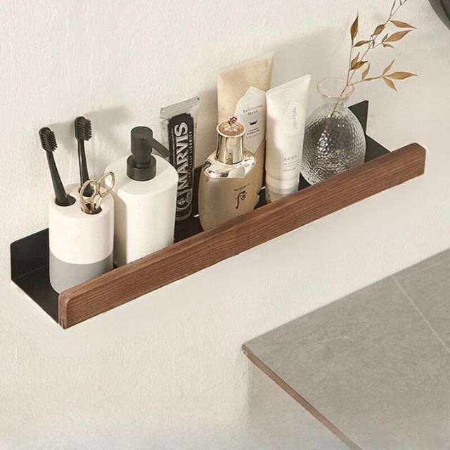 Wall Bathroom Shelf No Drill Storage Rack, Solid Wood Adhesive Floating Shelf, Water-Resistant, for Bathroom & Kitchen, Brown or Light Brown, 20–40cm