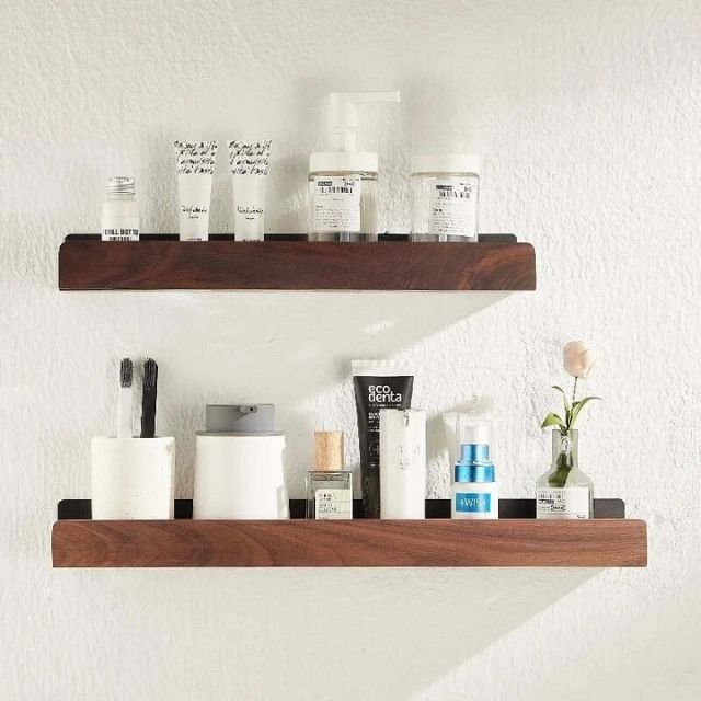 Wall Bathroom Shelf No Drill Storage Rack, Solid Wood Adhesive Floating Shelf, Water-Resistant, for Bathroom & Kitchen, Brown or Light Brown, 20–40cm