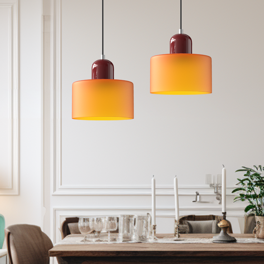 Coloured Glass Bauhaus Pendant Light, Small Retro Hanging Lamp for Kitchen Island, Dining Table & Living Room, Adjustable Cord, E27, Ø15cm