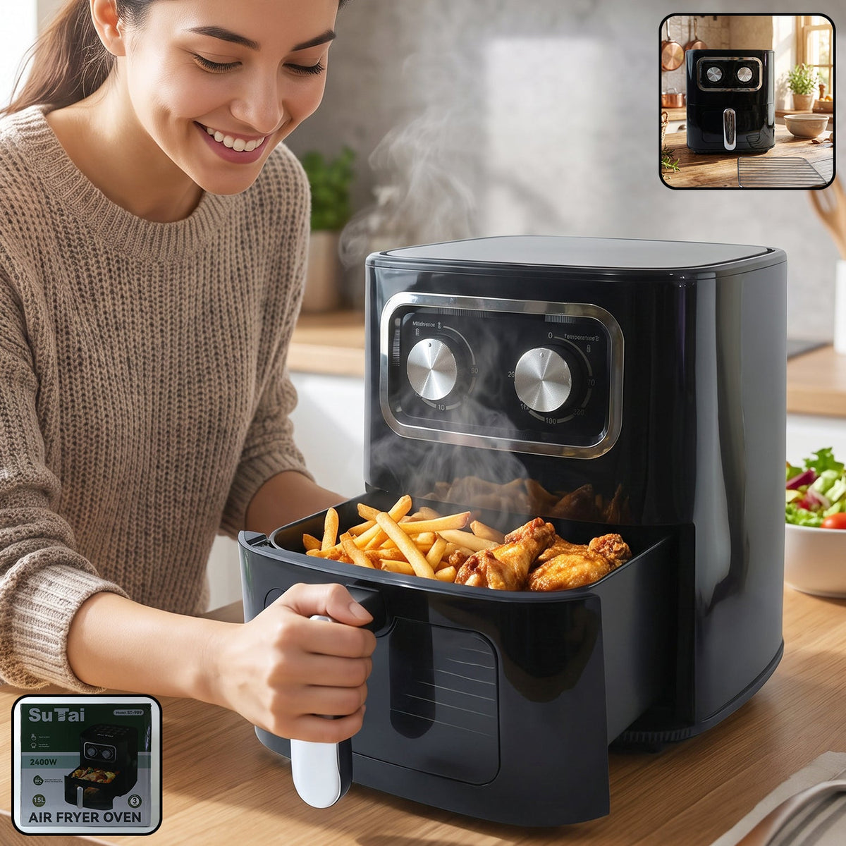 Air Fryer Oven, 10 Litre, Black, Large Capacity Countertop Air Fryer with Pull-Out Drawer & Dial Controls, for Chips, Chicken & Family Meals
