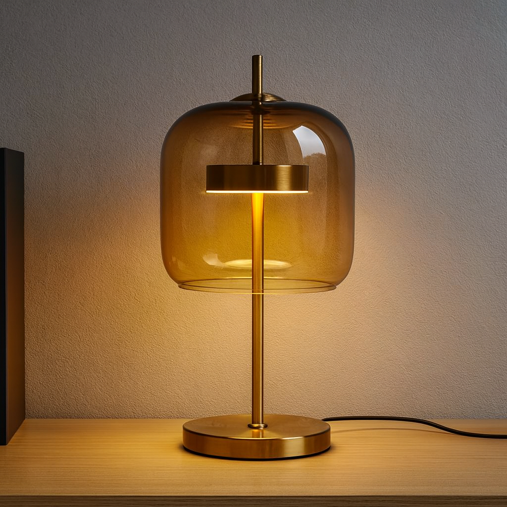 Glass Dome Table Lamp with Gold Iron Stem and Round Base, Bedside & Side Table Lamp, UK Plug, Smoke Grey, Amber or Clear, for Bedroom & Living Room