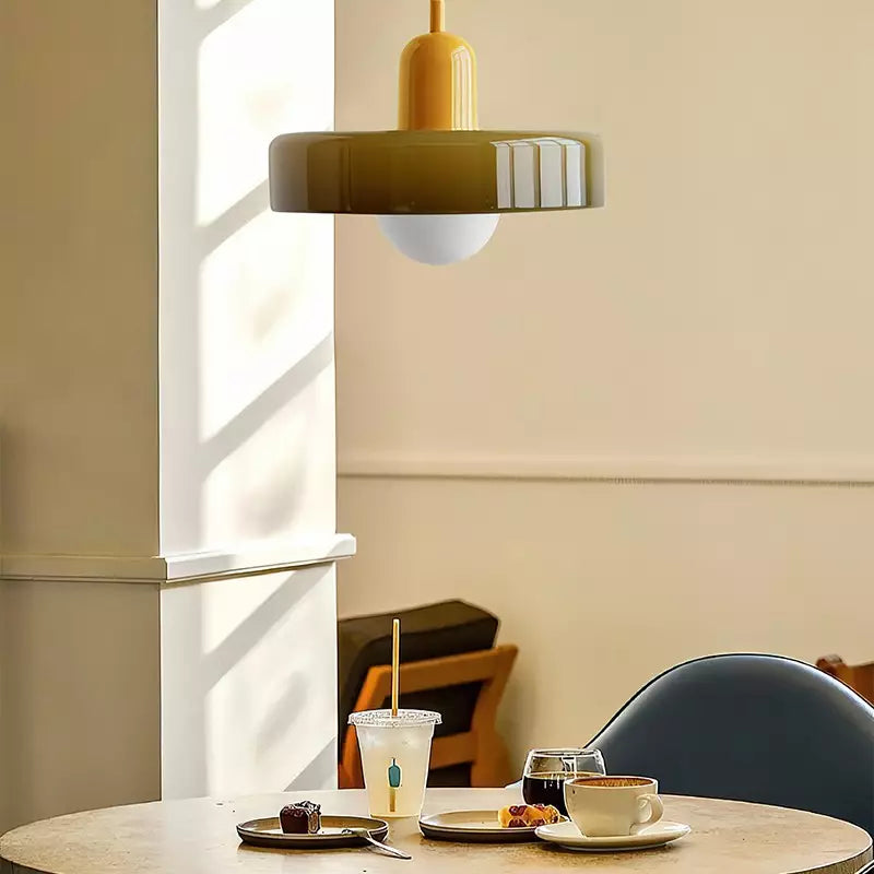 Bauhaus Style Glass Pendant Light with Ring Shade, Coloured Glass Ceiling Pendant for Kitchen Island & Dining Table, Adjustable Height, Ø25 / Ø35cm