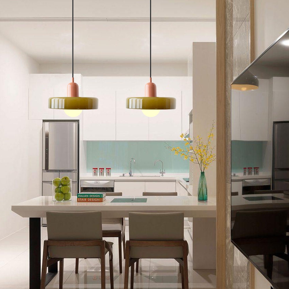 Bauhaus Style Glass Pendant Light with Ring Shade, Coloured Glass Ceiling Pendant for Kitchen Island & Dining Table, Adjustable Height, Ø25 / Ø35cm