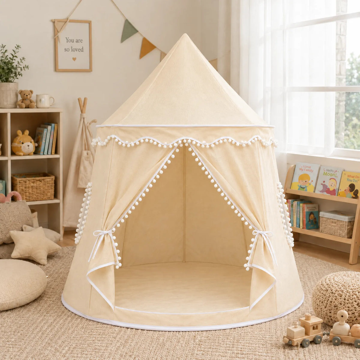 Willow - Children's Teepee Playhouse Tent Reading Quiet Time, Kids Indoor Play Tent with Pom-Pom Trim, Foldable, for Bedroom & Playroom, Ages 2–8