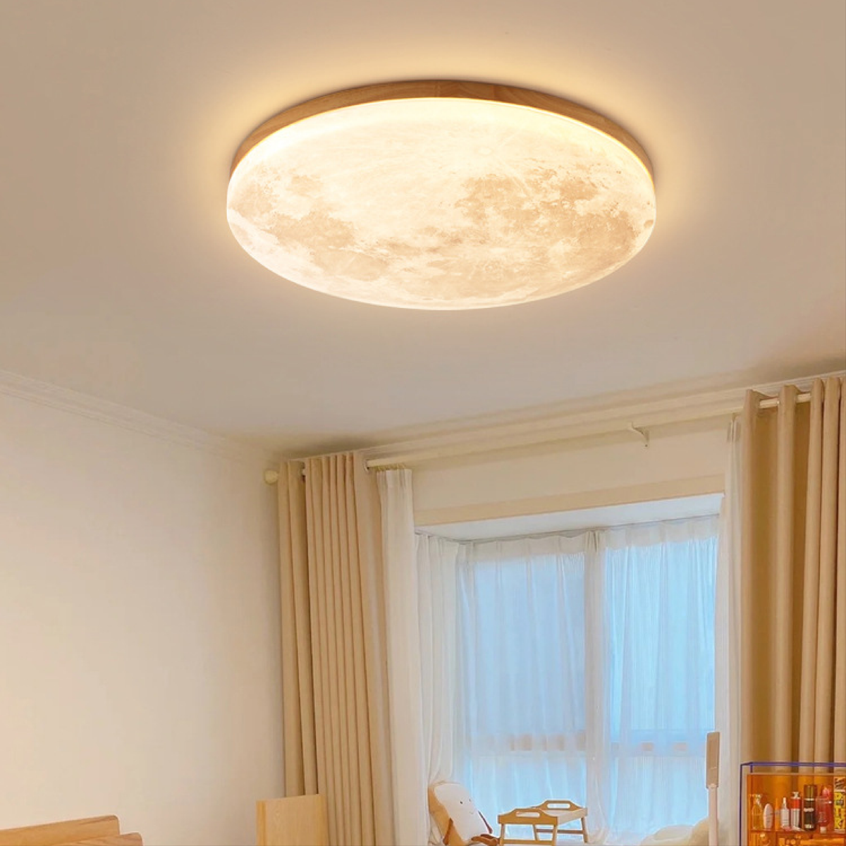 Modern Moon Ceiling Light, Round LED Ceiling Lamp, Wood Finish, Dimmable Tri-Colour Option, for Bedroom, Living Room & Dining Room, Ø26–48cm