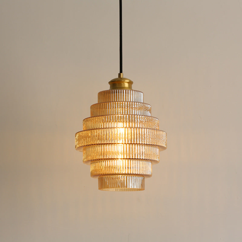 Vintage Tiered Glass Hanging Lamp, Layered Glass Pendant Light for Kitchen Island, Dining Table & Hallway, Adjustable, E27, Amber, Grey or Pink, Ø22cm