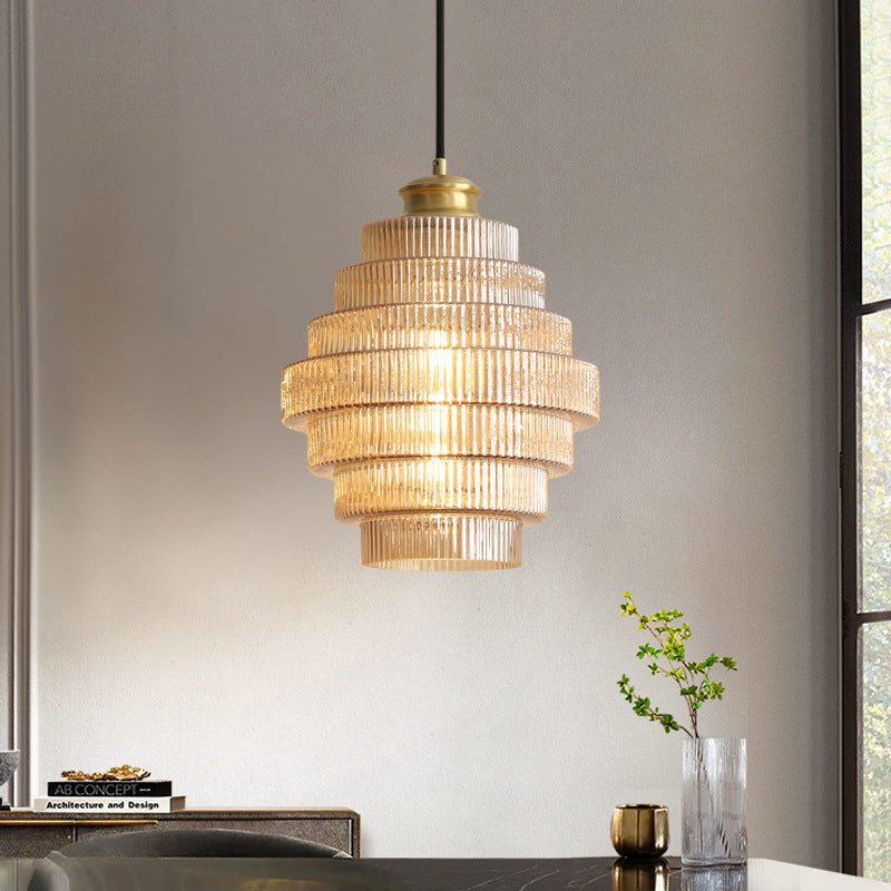 Vintage Tiered Glass Hanging Lamp, Layered Glass Pendant Light for Kitchen Island, Dining Table & Hallway, Adjustable, E27, Amber, Grey or Pink, Ø22cm