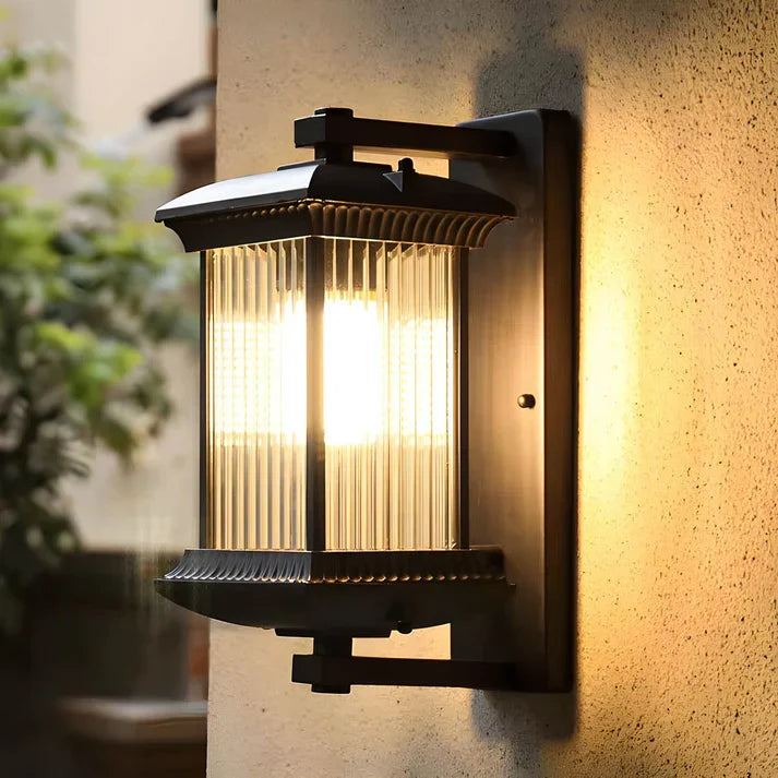 Modern Outdoor Wall Light, Lantern Style Exterior Wall Lamp with Fluted Glass, Weather Resistant, for Front Door, Porch, Patio & Garden, Brown, 35cm