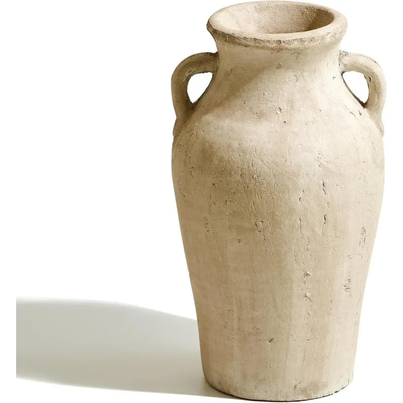 Large Rustic Handmade Ceramic Vase – Minimalist Beige Terracotta Vase with Distressed Finish