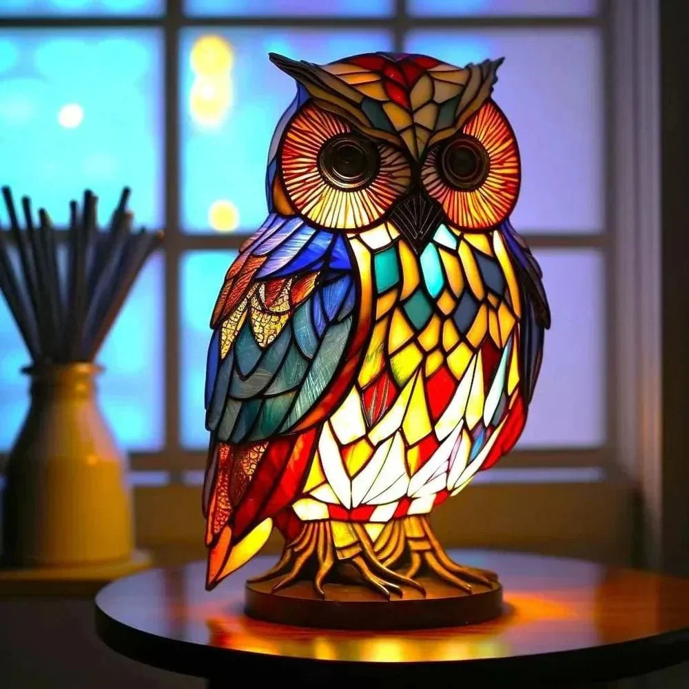 Animal Design Table Lamp, Stained Glass Effect, Wolf, Lion, Owl, Elephant, Turtle or Sheep Decorative Night Light for Bedroom, Living Room & Desk