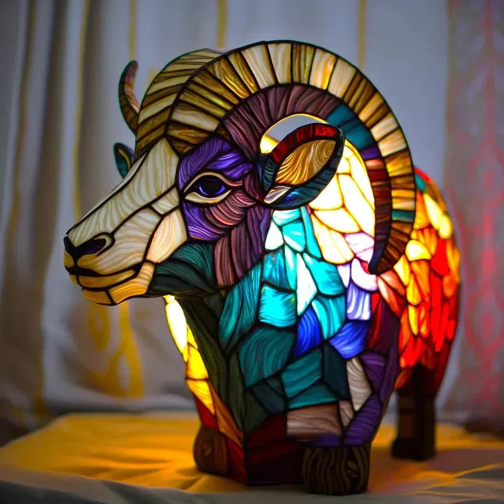 Animal Design Table Lamp, Stained Glass Effect, Wolf, Lion, Owl, Elephant, Turtle or Sheep Decorative Night Light for Bedroom, Living Room & Desk