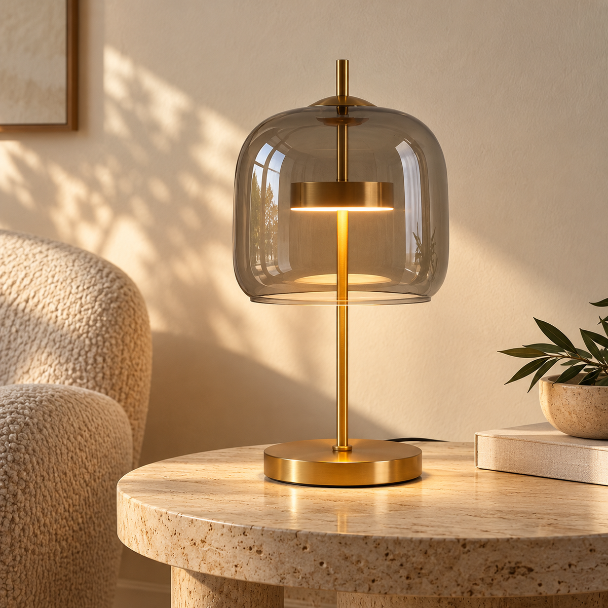Glass dome table lamp with gold iron stem and round base used as a bedside lamp