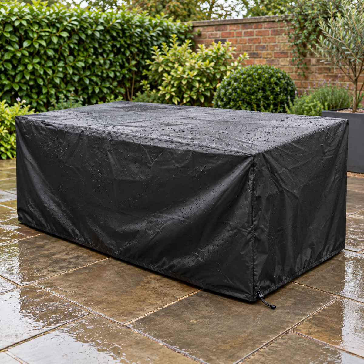 Black waterproof outdoor furniture cover protecting a garden table set on a rainy patio