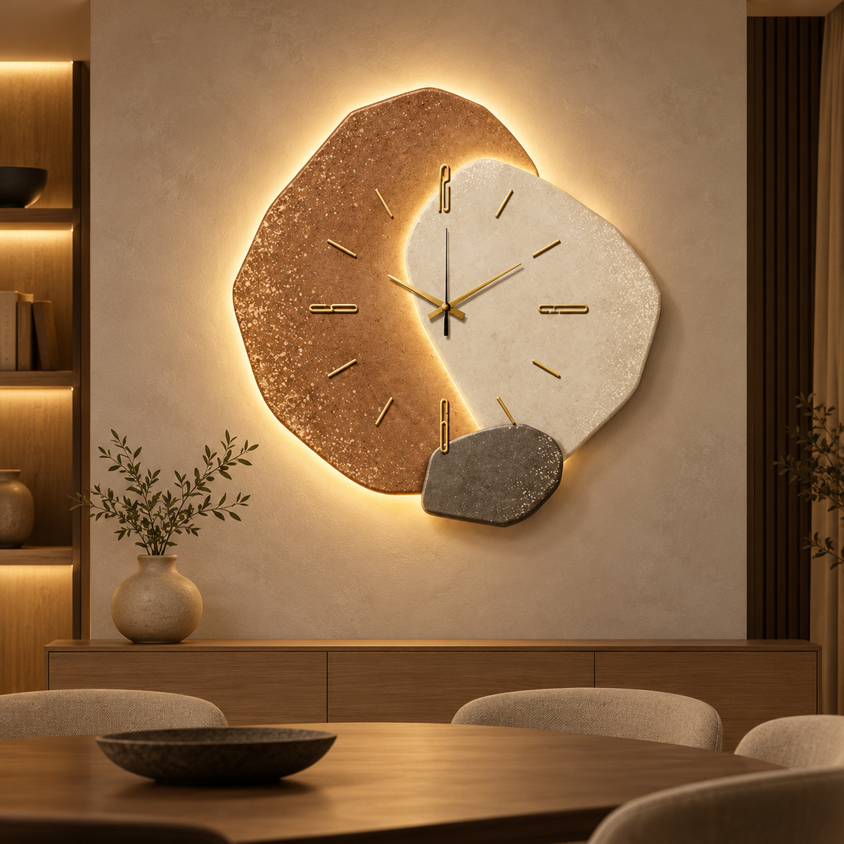Modern wood accent wall clock with soft LED backlight, silent decorative wall clock