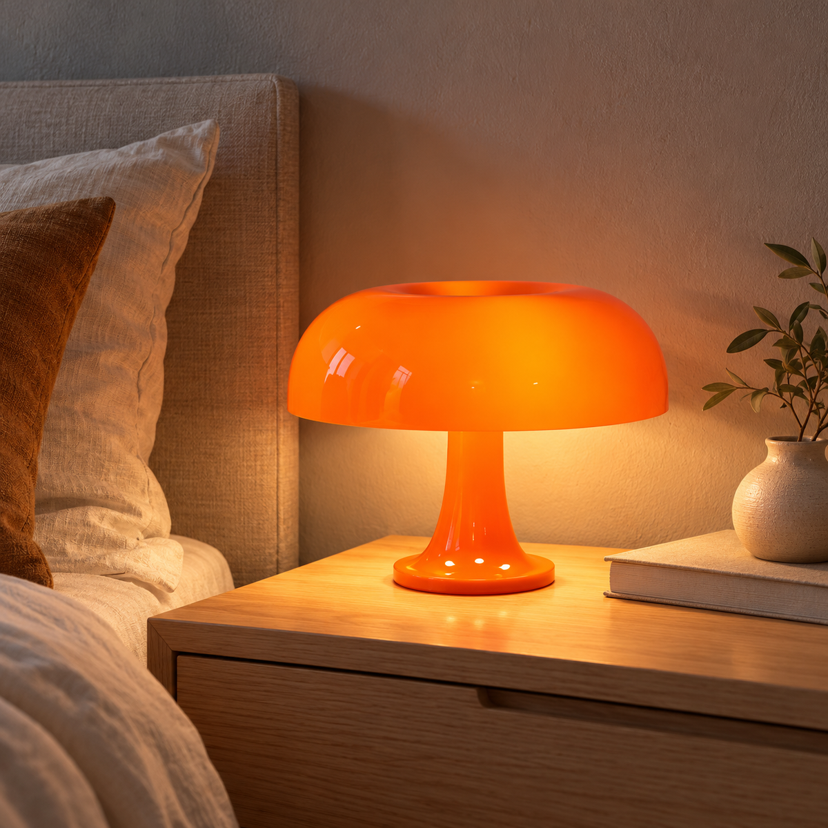 Orange Scandinavian mushroom table lamp used as a bedside lamp on a wooden nightstand