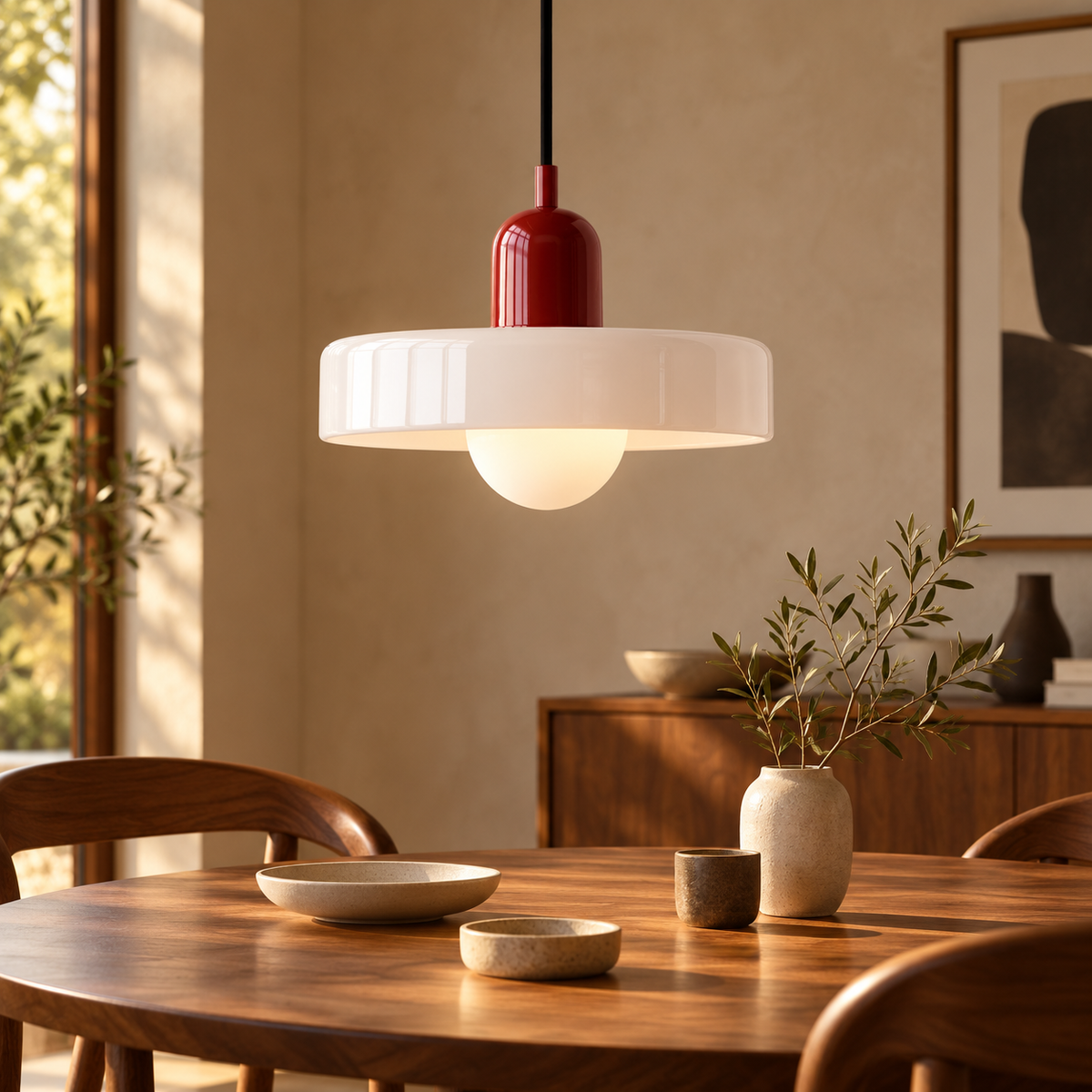 Bauhaus style glass pendant light with white ring shade and red cap above a dining table