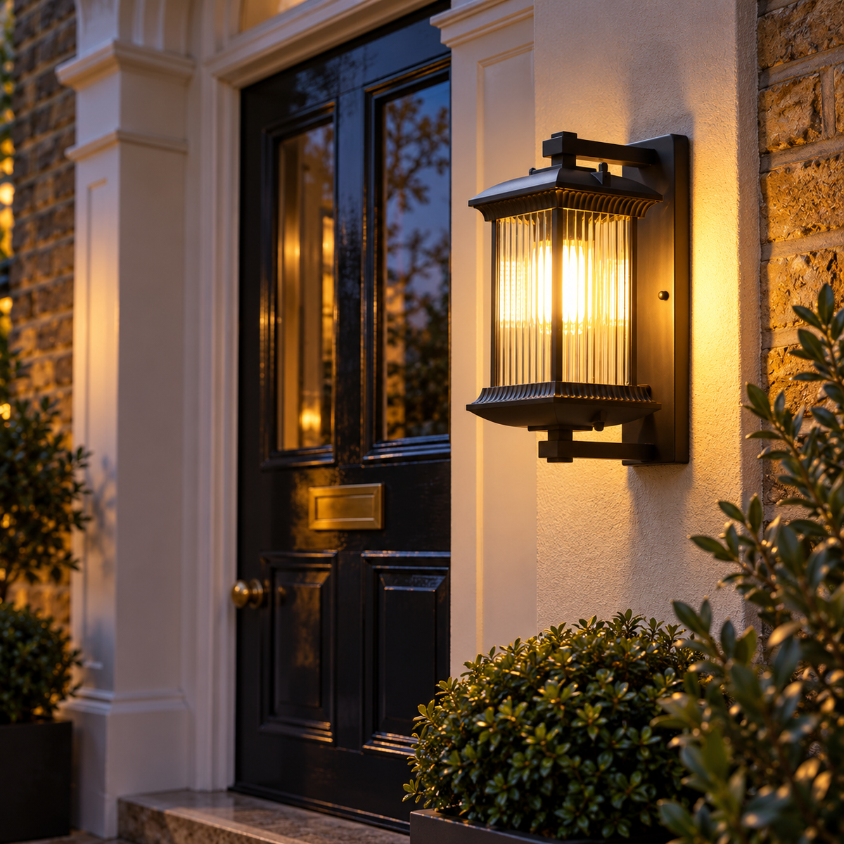 Modern outdoor wall light, lantern style with fluted glass, lit beside a front door