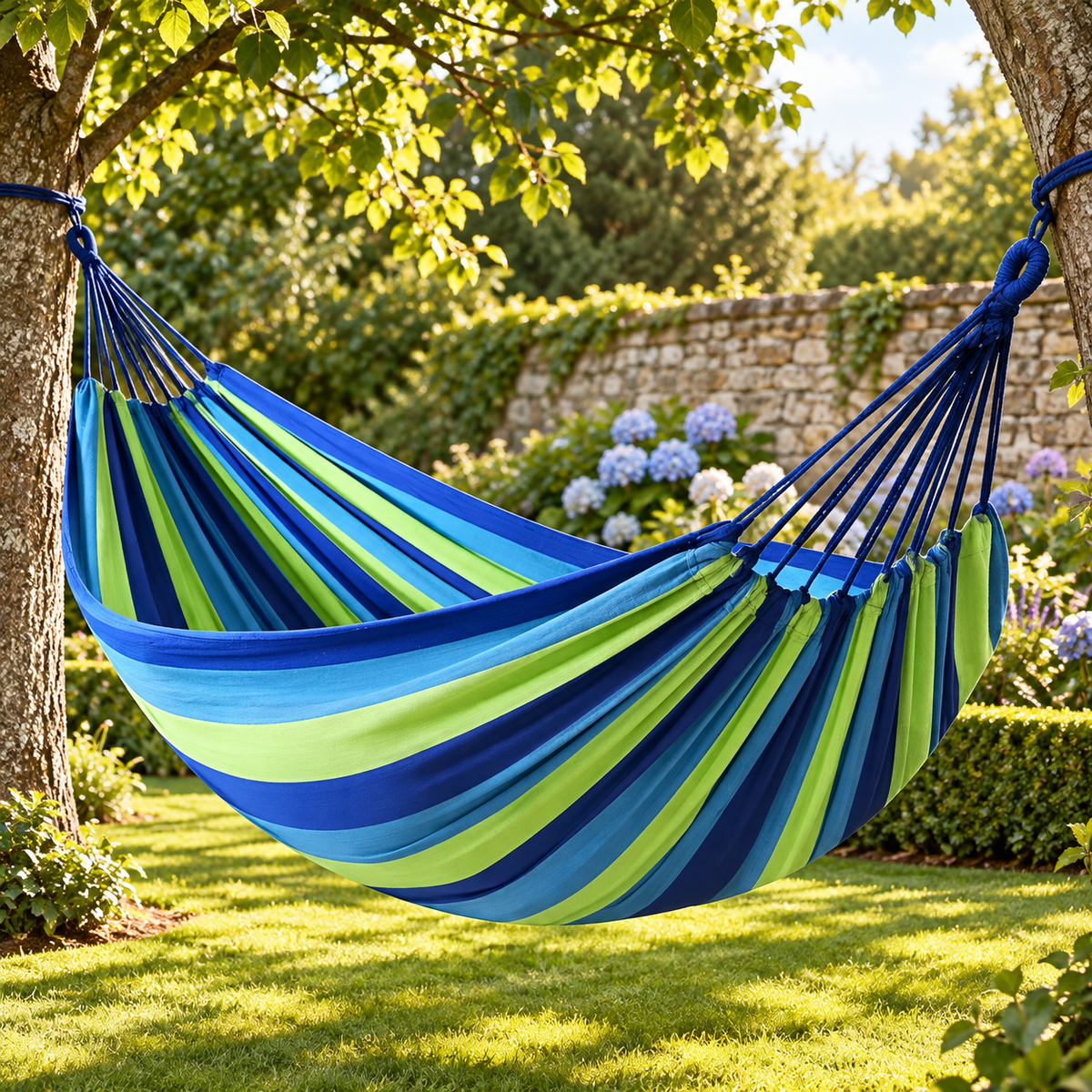 Striped outdoor fabric hammock with rope loops for garden and patio