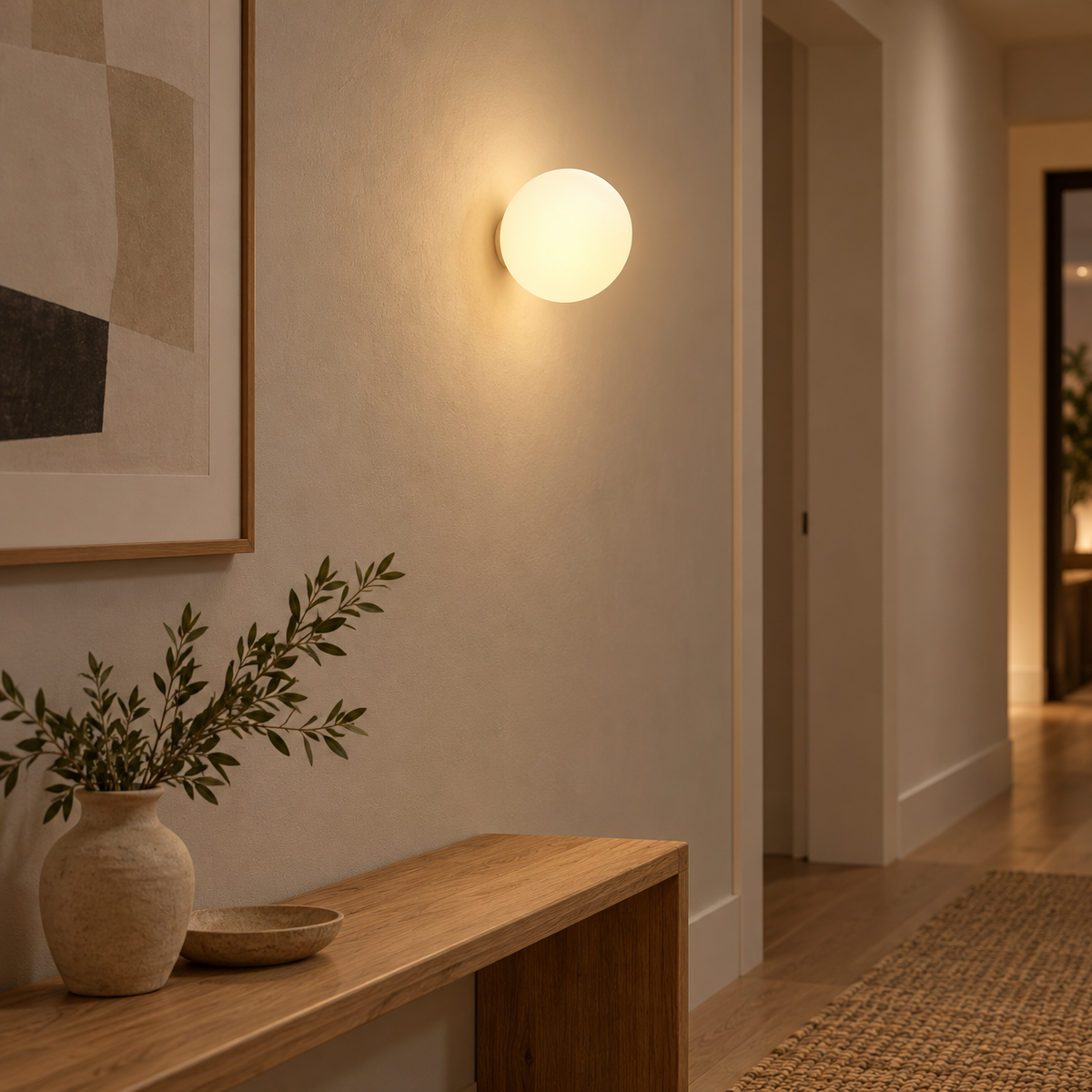 Modern frosted glass globe wall light glowing softly in a hallway
