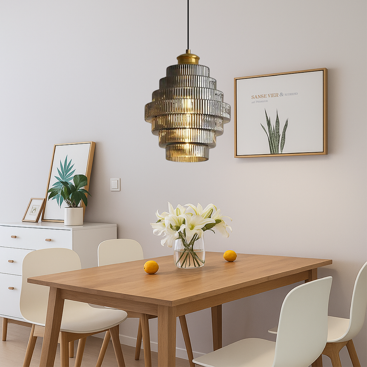 Vintage Tiered Glass Hanging Lamp, Layered Glass Pendant Light for Kitchen Island, Dining Table & Hallway, Adjustable, E27, Amber, Grey or Pink, Ø22cm