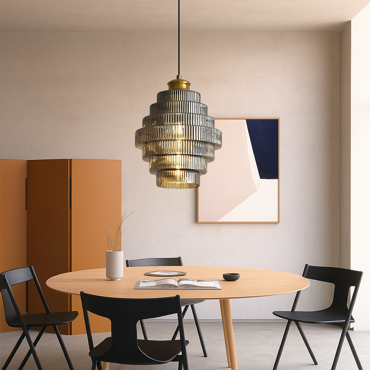 Vintage Tiered Glass Hanging Lamp, Layered Glass Pendant Light for Kitchen Island, Dining Table & Hallway, Adjustable, E27, Amber, Grey or Pink, Ø22cm