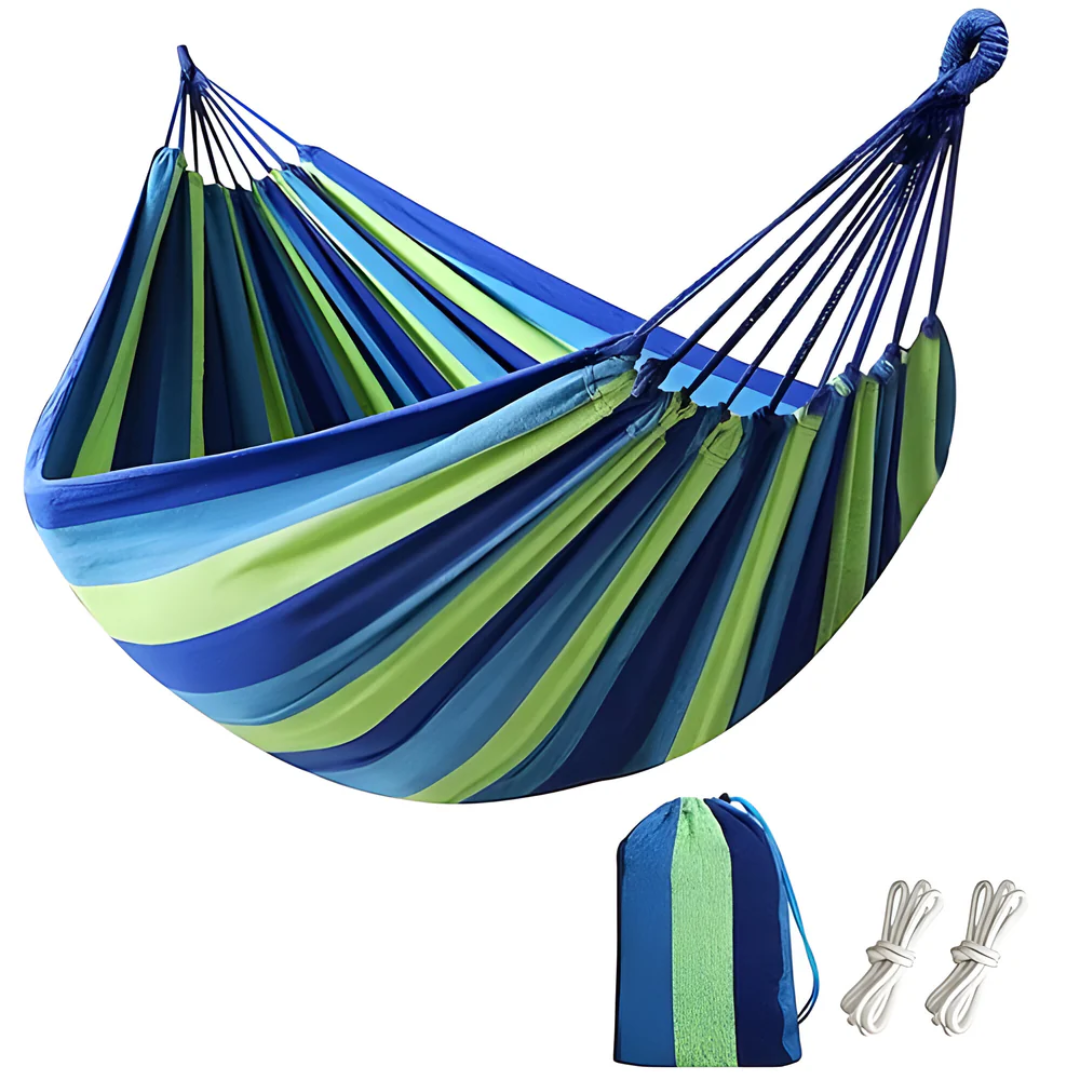 Outdoor Fabric Hammock with Striped Pattern and Rope Loops, 200 x 150cm Garden Hammock, 200kg Capacity, for Patio, Balcony & Camping, Blue or Red