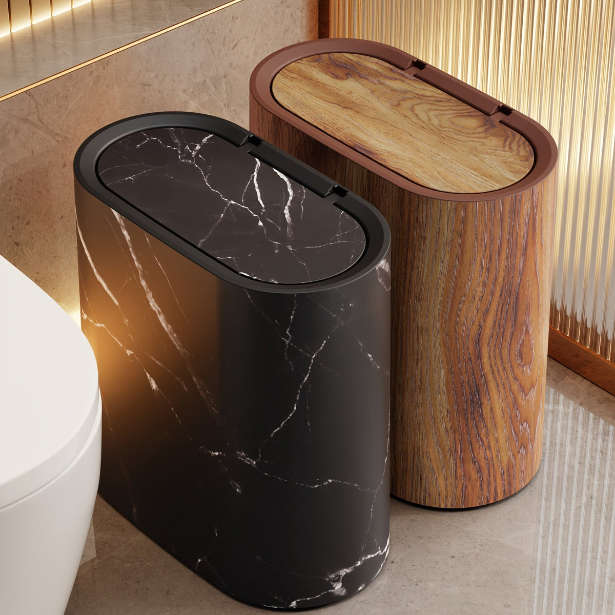 Lidded Waste Bin, Bathroom and Kitchen Bin with Fitted Lid, Decorative Marble or Wood Effect Rubbish Bin for Bathroom, Kitchen & Dressing Room