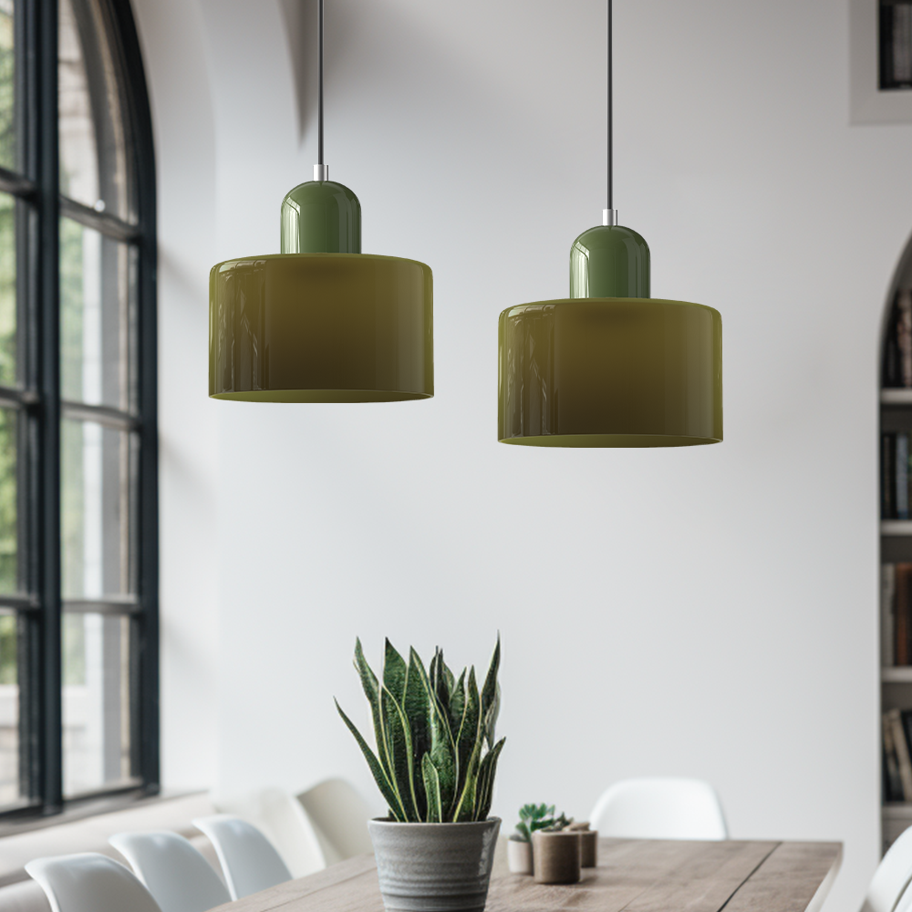 Coloured Glass Bauhaus Pendant Light, Small Retro Hanging Lamp for Kitchen Island, Dining Table & Living Room, Adjustable Cord, E27, Ø15cm