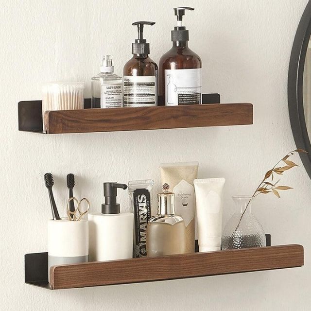 Wall Bathroom Shelf No Drill Storage Rack, Solid Wood Adhesive Floating Shelf, Water-Resistant, for Bathroom & Kitchen, Brown or Light Brown, 20–40cm