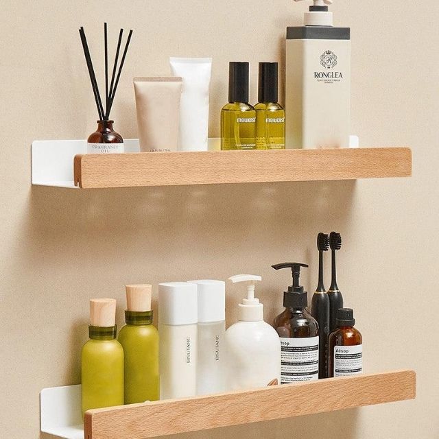 Wall Bathroom Shelf No Drill Storage Rack, Solid Wood Adhesive Floating Shelf, Water-Resistant, for Bathroom & Kitchen, Brown or Light Brown, 20–40cm