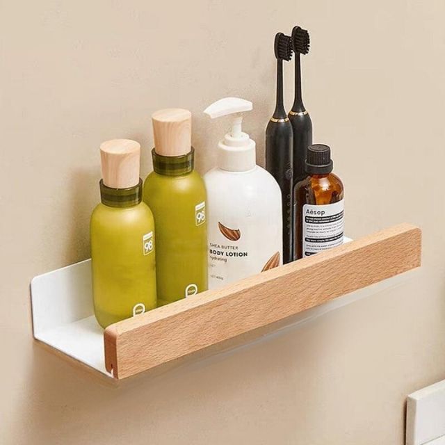 Wall Bathroom Shelf No Drill Storage Rack, Solid Wood Adhesive Floating Shelf, Water-Resistant, for Bathroom & Kitchen, Brown or Light Brown, 20–40cm