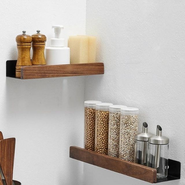 Wall Bathroom Shelf No Drill Storage Rack, Solid Wood Adhesive Floating Shelf, Water-Resistant, for Bathroom & Kitchen, Brown or Light Brown, 20–40cm