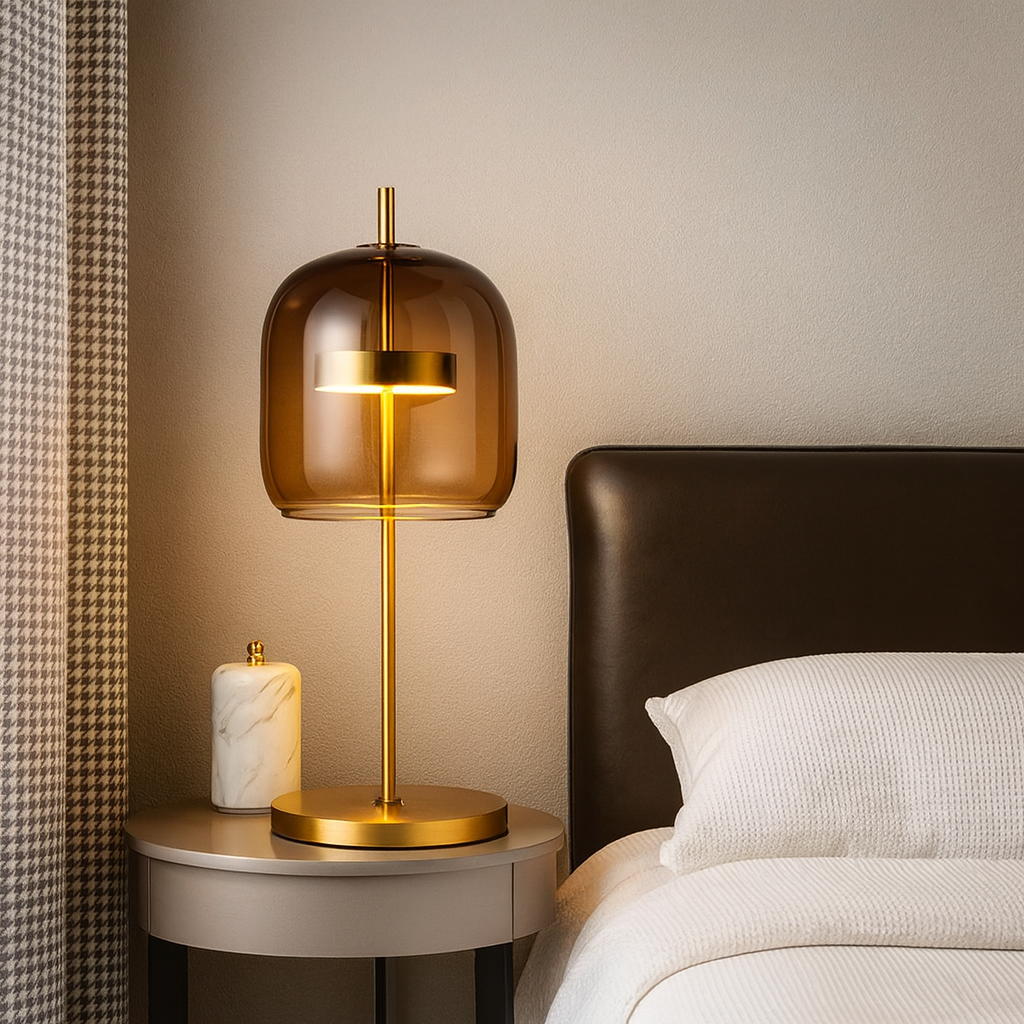 Glass Dome Table Lamp with Gold Iron Stem and Round Base, Bedside & Side Table Lamp, UK Plug, Smoke Grey, Amber or Clear, for Bedroom & Living Room