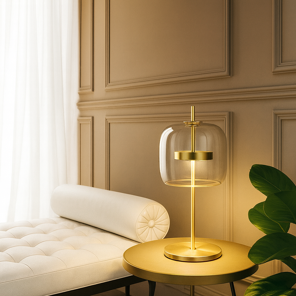 Glass Dome Table Lamp with Gold Iron Stem and Round Base, Bedside & Side Table Lamp, UK Plug, Smoke Grey, Amber or Clear, for Bedroom & Living Room