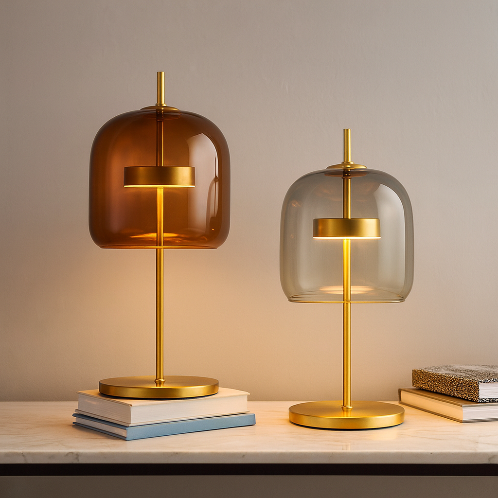 Glass Dome Table Lamp with Gold Iron Stem and Round Base, Bedside & Side Table Lamp, UK Plug, Smoke Grey, Amber or Clear, for Bedroom & Living Room