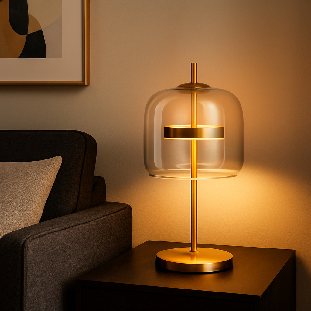 Glass Dome Table Lamp with Gold Iron Stem and Round Base, Bedside & Side Table Lamp, UK Plug, Smoke Grey, Amber or Clear, for Bedroom & Living Room