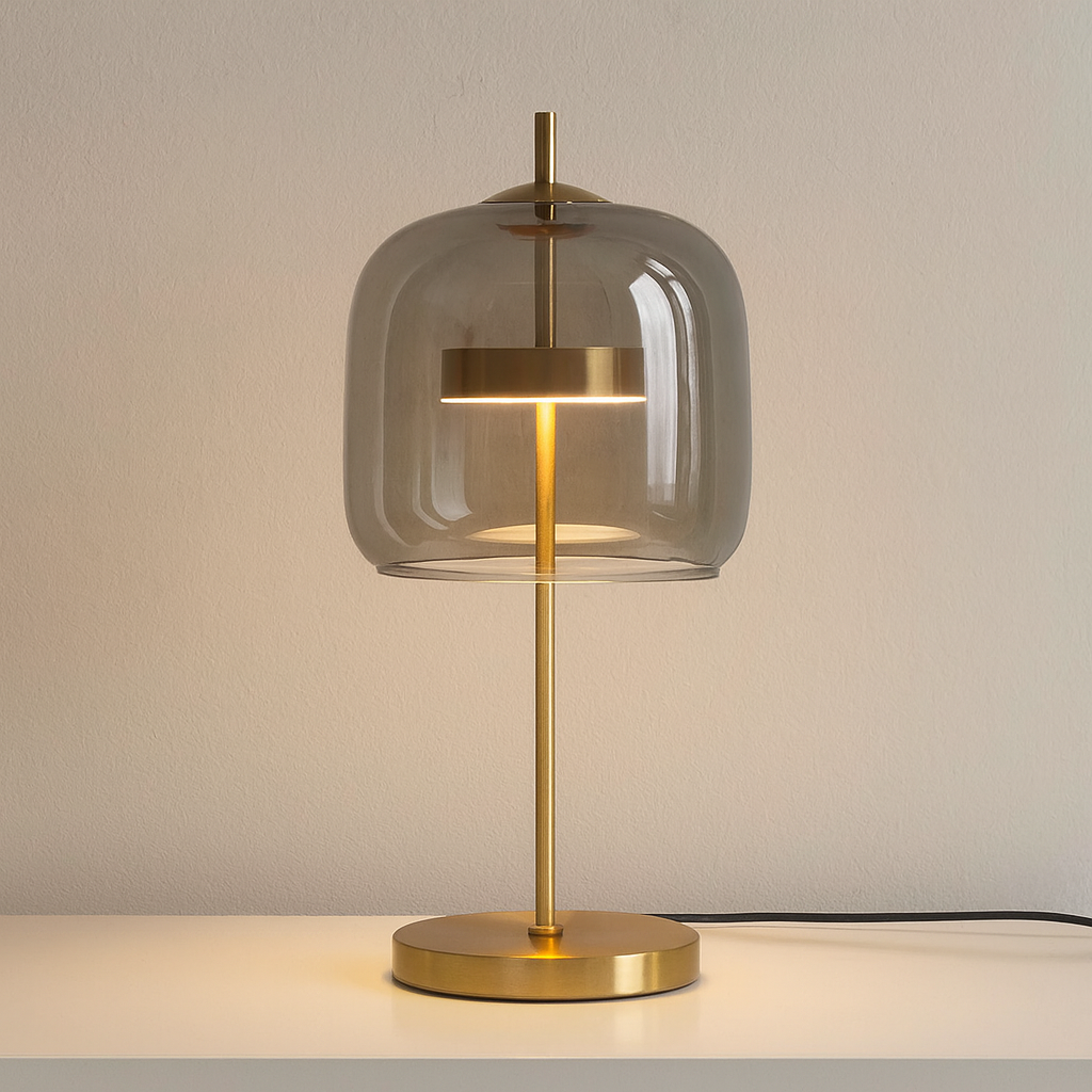 Glass Dome Table Lamp with Gold Iron Stem and Round Base, Bedside & Side Table Lamp, UK Plug, Smoke Grey, Amber or Clear, for Bedroom & Living Room