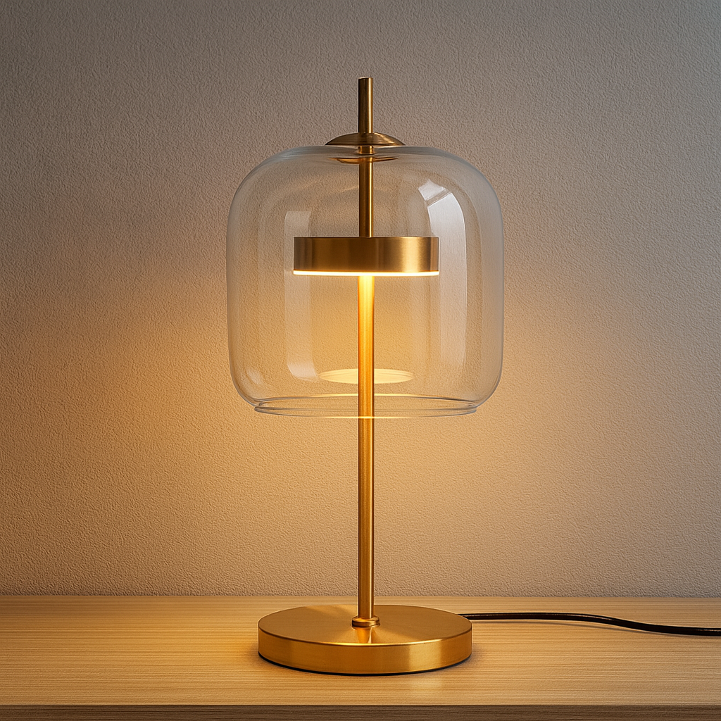 Glass Dome Table Lamp with Gold Iron Stem and Round Base, Bedside & Side Table Lamp, UK Plug, Smoke Grey, Amber or Clear, for Bedroom & Living Room