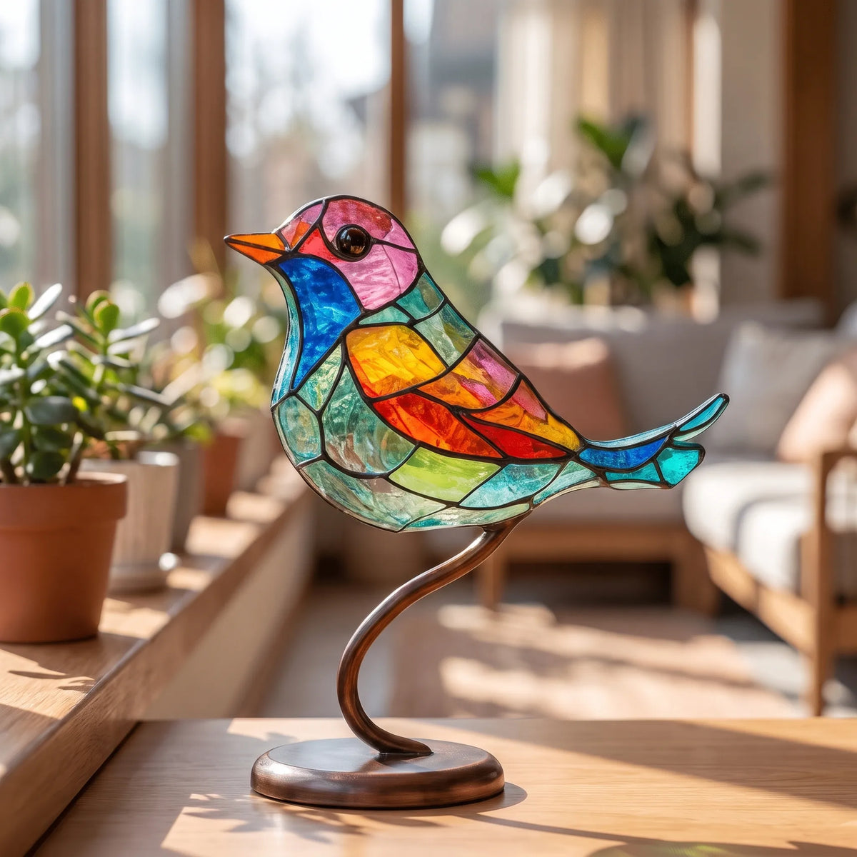 Linnet - Stained-Glass Style Bird Figurine Desk Decoration, Colourful Glass & Metal Bird Ornament on Stand, for Shelf, Windowsill & Gift, 15 × 20cm